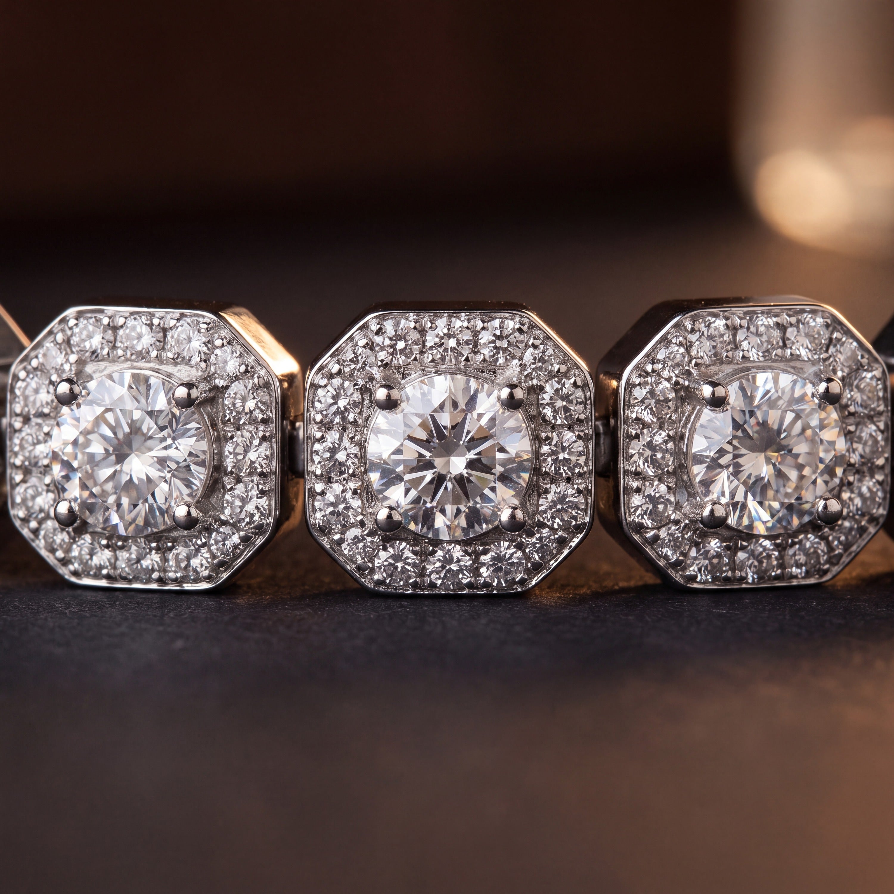 Close-up of three halo-set stations, each with a round centre stone ringed by pave